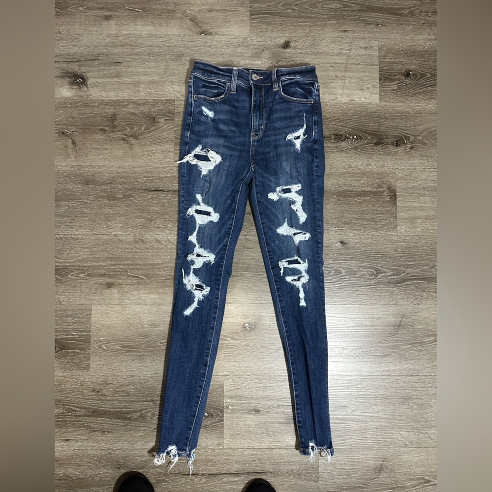 American Eagle Outfitters Dark Blue Distressed Skinny Jeans - Picture 2 of 8